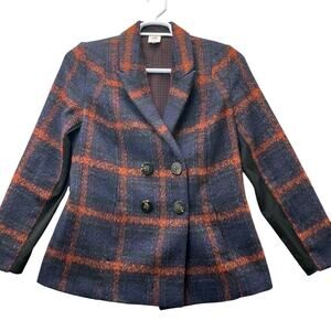 CABI Checkmate Jacket Wool Blue Orange Plaid Double Breasted Blazer Medium
